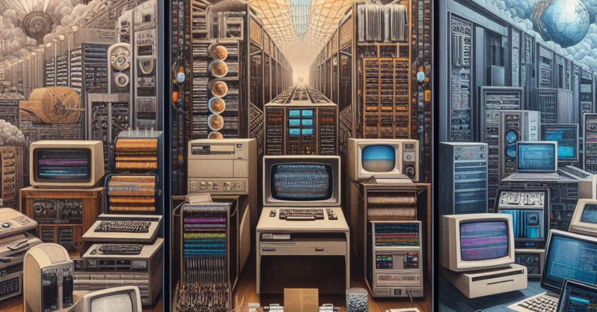 An image representing the history and evolution of Information Technology, with symbols of various technological milestones from the past to the present.